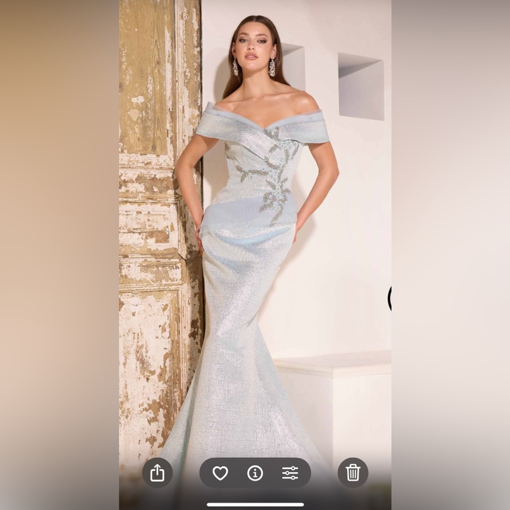 Terani Couture Elegant Ice Blue Off-Shoulder Dress